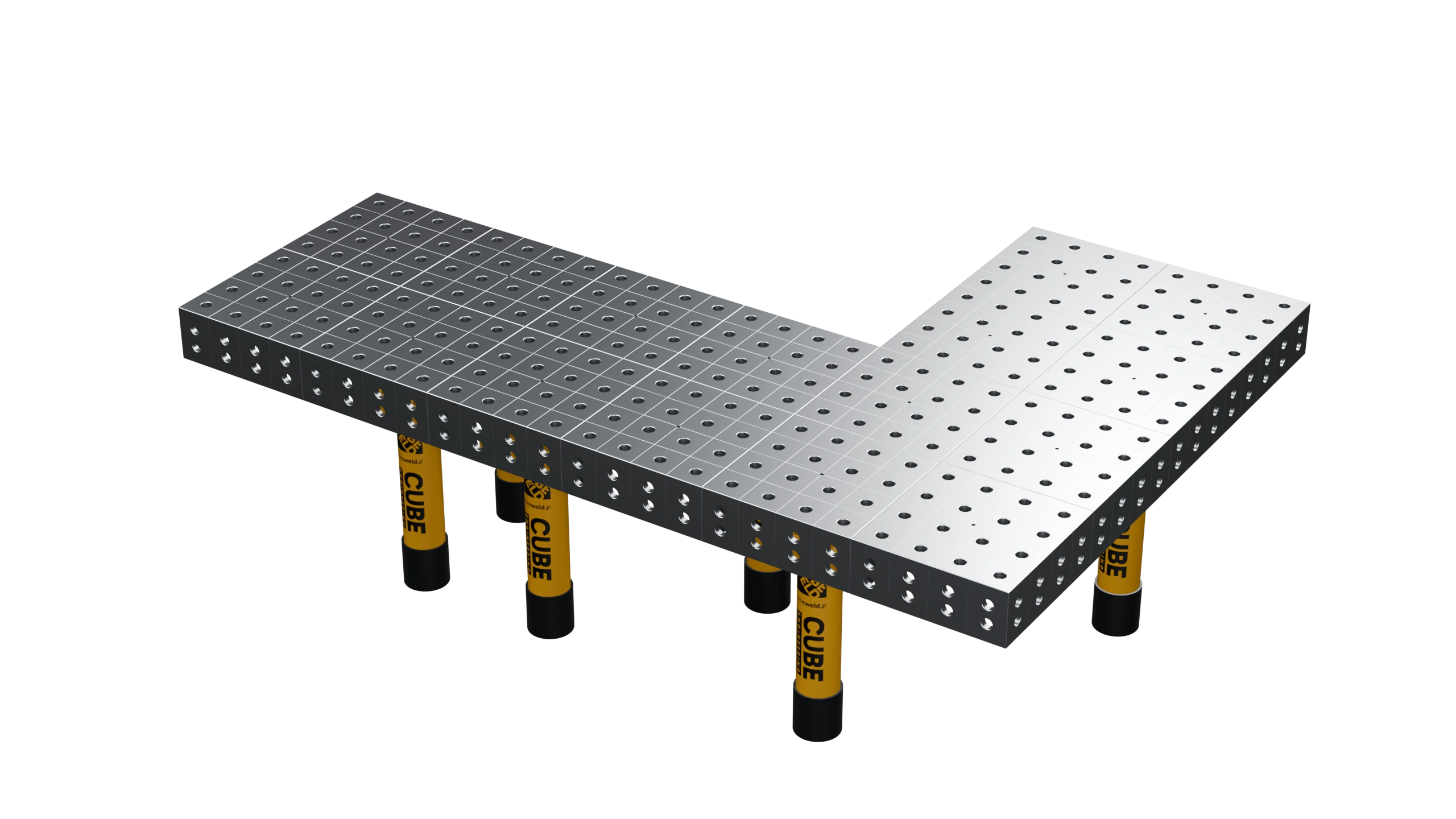 Stół CUBEWELD w kształcie litery L na żółtych nogach z oznaczeniami — render Blender