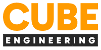 Logo CUBE ENGINEERING, pomarańczowy napis na białym tle