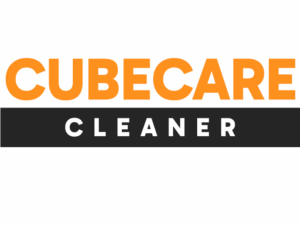 Logo CubeCare Cleaner, pomarańczowo-czarne litery.