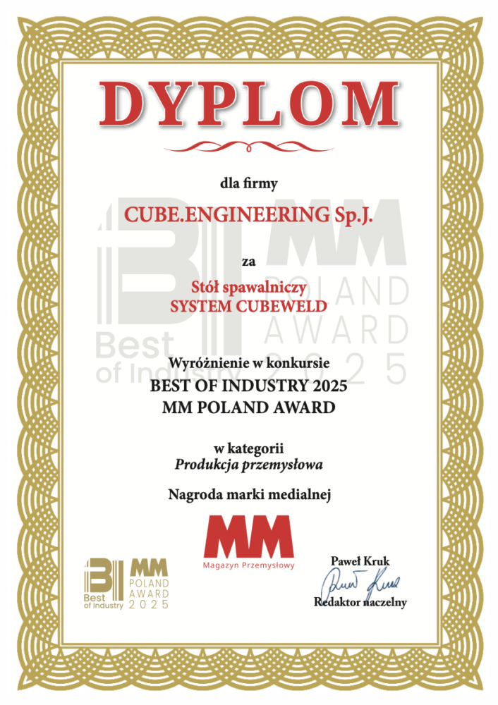 Dyplom dla Cube.Engineering za stół spawalniczy Cubeweld.
