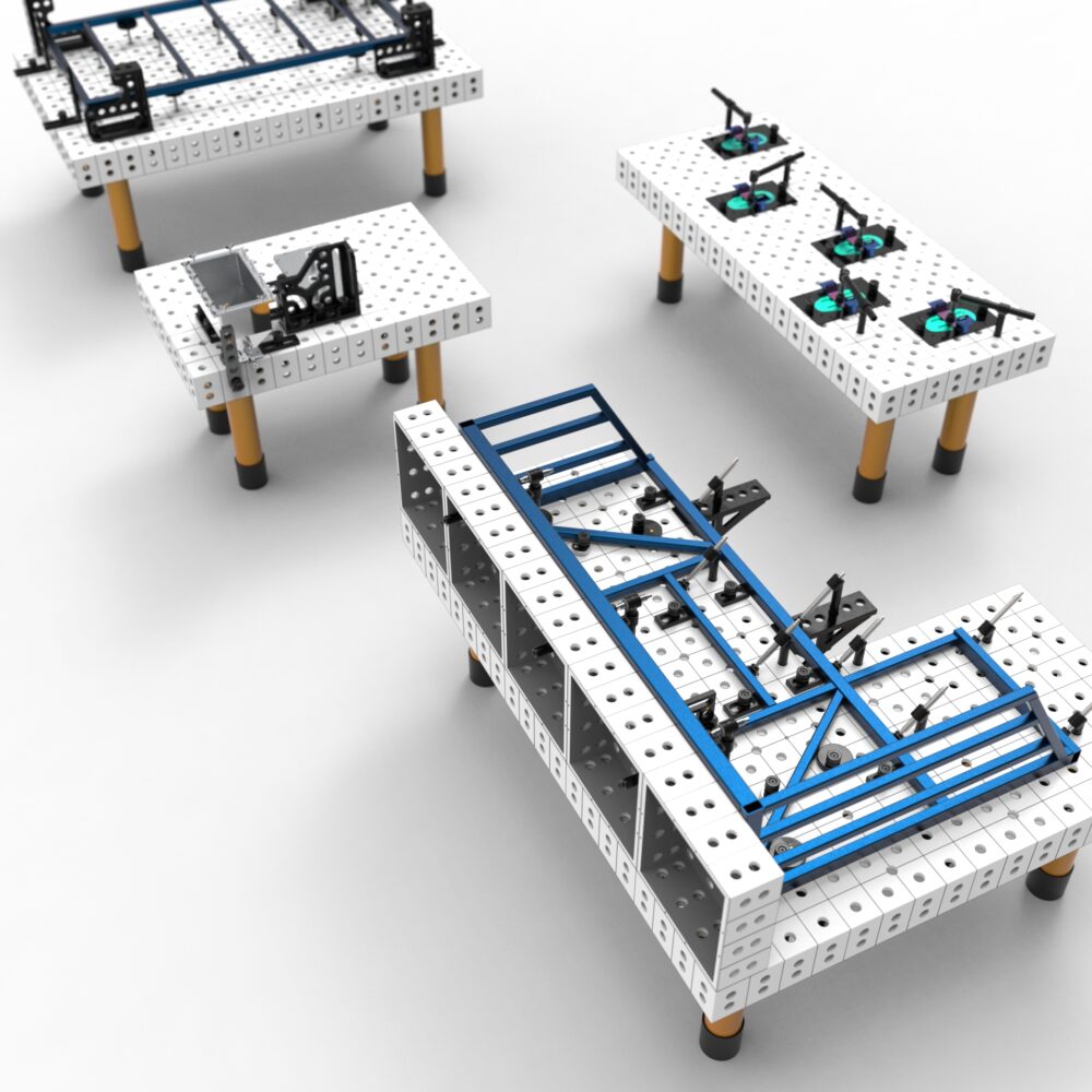 Modularne stoły montażowe w laboratorium technologii.